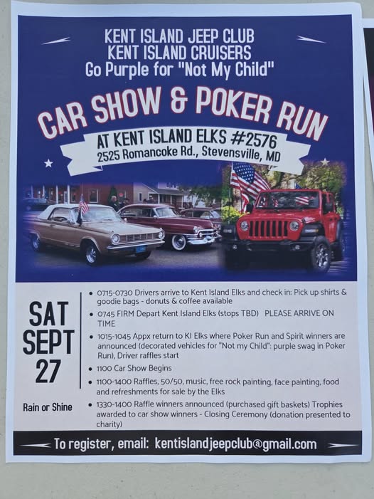 Kent Island Jeep Club Kent Island Cruisers Go Purple for "Not My Child" Car Show & Poker Run event at Kent Island Elks #2576 in Stevensville, MD on September 27, 2025