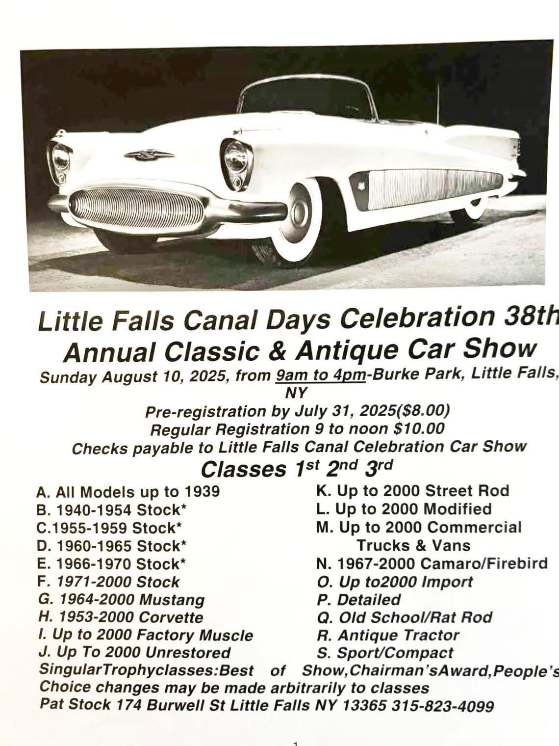 Little Falls Canal Days Celebration 38th Annual Classic & Antique Car Show event at Burke Park in Little Falls, NY on August 10, 2025