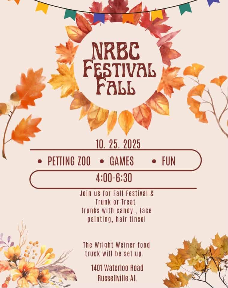 NRBC Fall Festival & Trunk or Treat event at 1401 Waterloo Rd in Russellville, AL on October 25, 2025