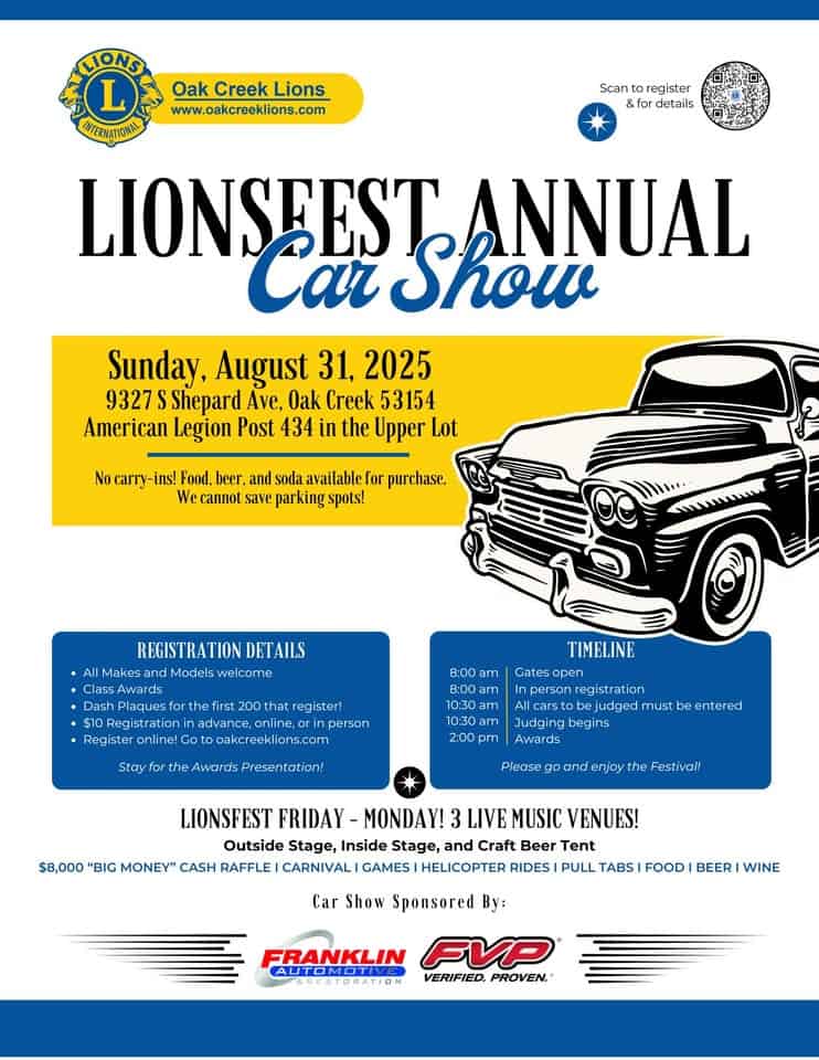 Oak Creek LionsFest Car Show event at 9327 S Shepard Ave in Oak Creek, WI on August 31, 2025