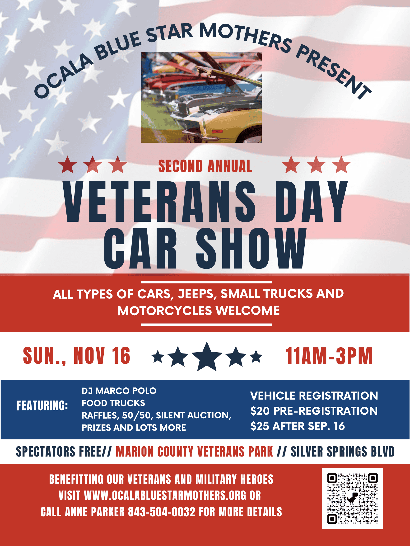 Ocala Blue Star Mothers Second Annual Veterans Day Car Show event at Marion County Veterans Park in Ocala, FL on November 16, 2025