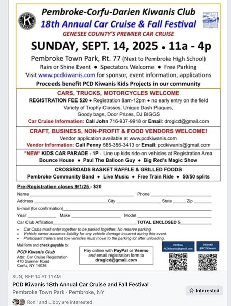Pembroke-Corfu-Darien Kiwanis Club 18th Annual Car Cruise & Fall Festival event at Pembroke Town Park in Pembroke, NY on September 14, 2025