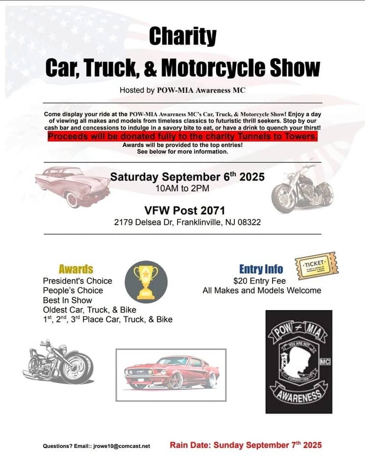 POW/ MIA  MC Car Show event at 2179 Delsea Dr. in Franklinville, NJ on September 6, 2025