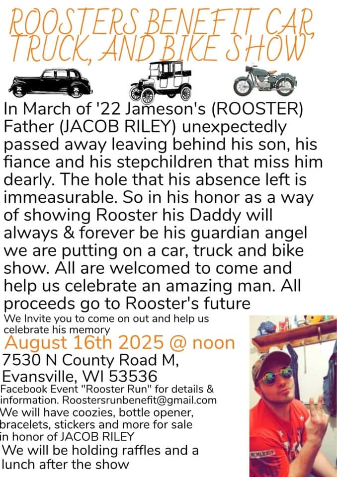 Roosters Memorial Benefit Bike & Auto Show! event at 7530 N County Road M in Evansville, WI on August 16, 2025