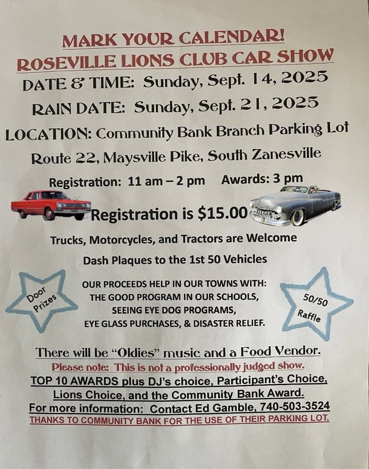 Roseville Lions Club Car Show event at 2750 Maysville Pike in Zanesville, OH on September 14, 2025