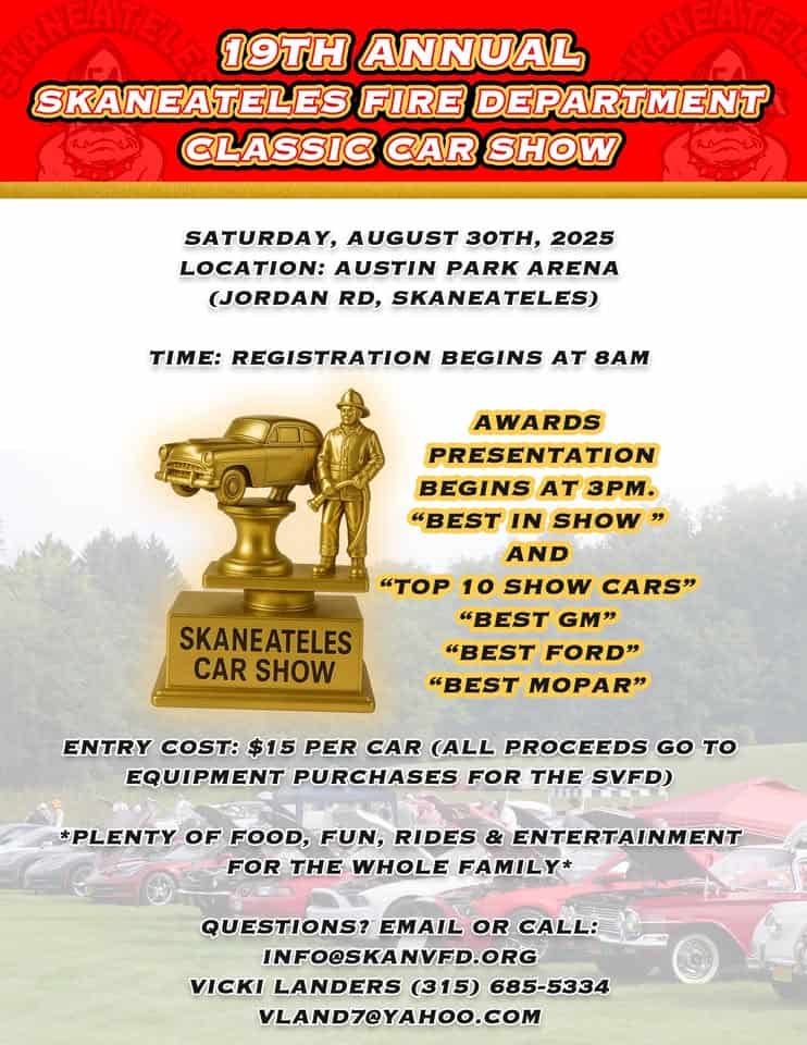 Skaneateles Fire Dept. Classic car show event at 1 E Austin St in Skaneateles, NY on August 30, 2025
