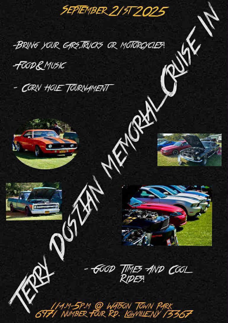 Terry Doszan Memorial Cruise In event at Watson Town Park in Lowville, NY on September 21, 2025