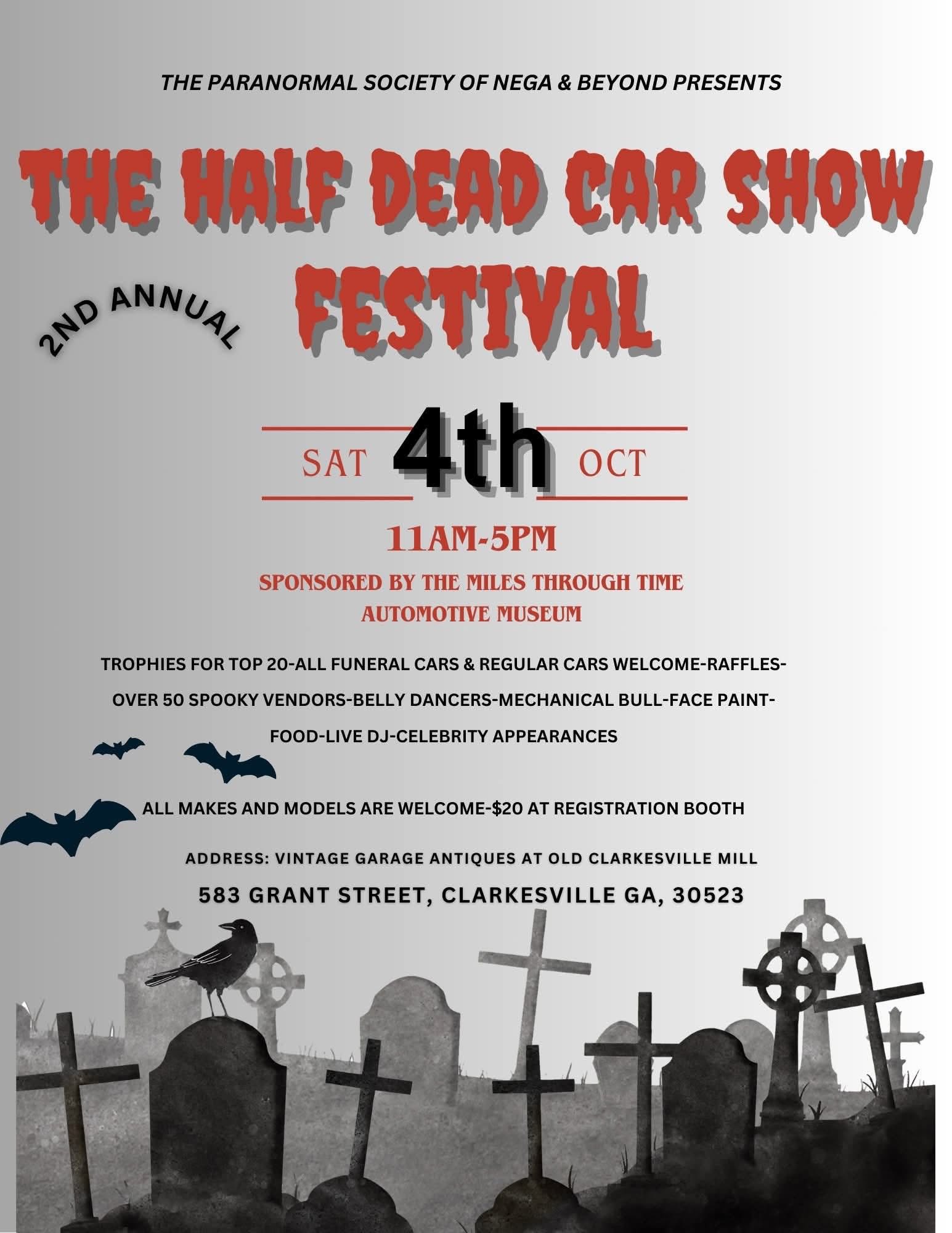 The Half Dead Car Show 2nd Annual Festival event at Vintage Garage Antiques at Old Clarkesville Mill in Clarkesville, GA on October 4, 2025