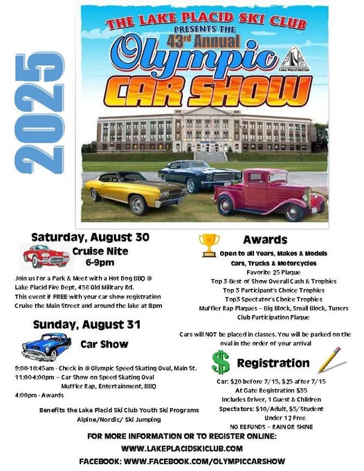The Lake Placid Ski Club 43rd Annual Olympic Car Show event at Lake Placid Fire Department in Lake Placid, NY on August 30, 2025