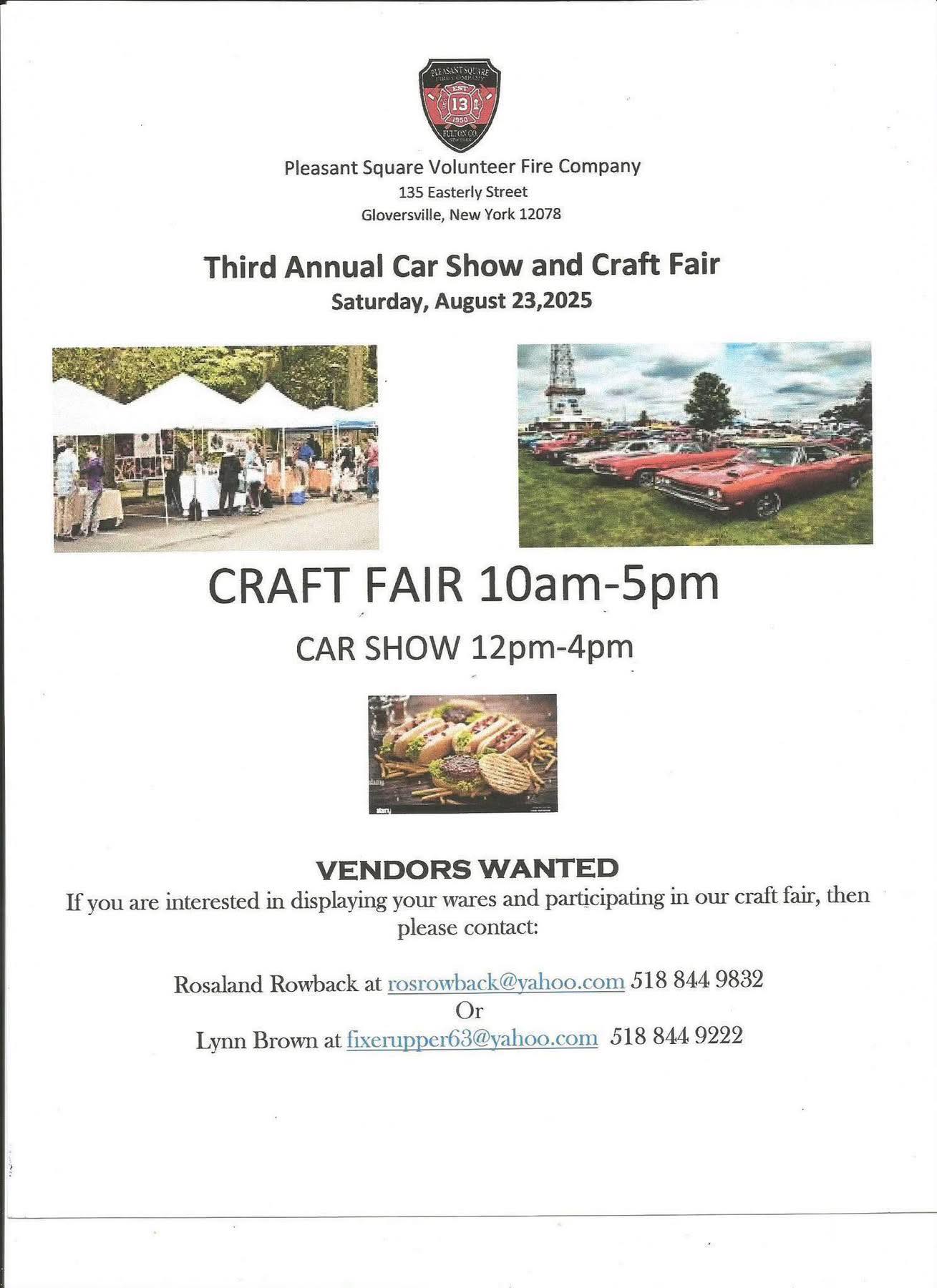 Third Annual Car Show and Craft Fair event at Pleasant Square Volunteer Fire Company in Gloversville, NY on August 23, 2025
