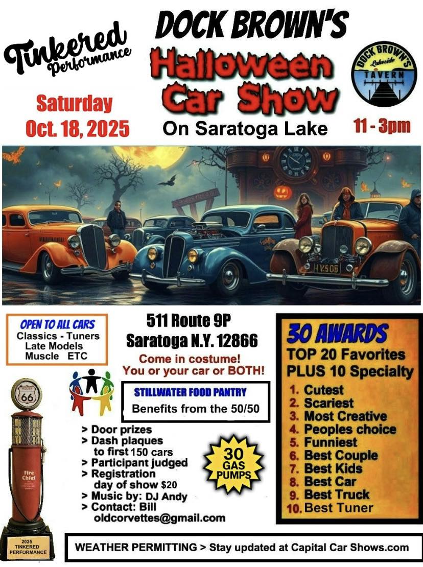 Tinkered Dock Brown's Performance Halloween Car Show event at Dock Brown's Tavern in Saratoga, NY on October 18, 2025