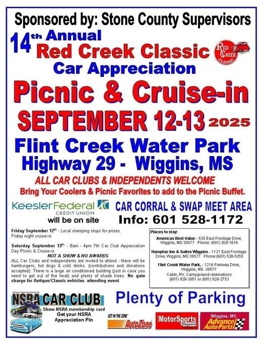 14th Annual Red Creek Classic Car Appreciation Picnic & Cruise-In event at Flint Creek Water Park in Wiggins, MS on September 12, 2025
