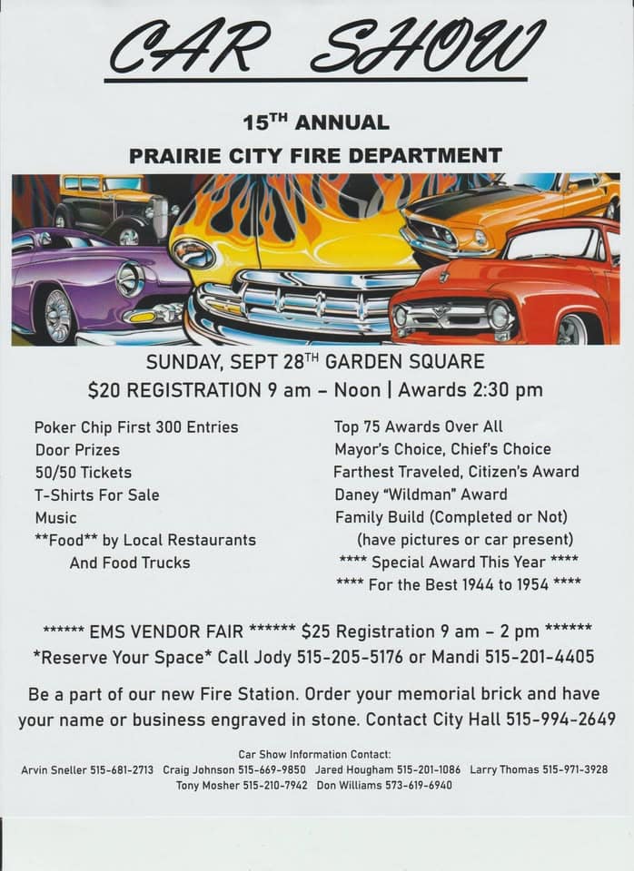 15th Annual Prairie City Fire Department Car Show. Prairie City Iowa event at 148 E Washington St in Prairie City, IA on September 28, 2025