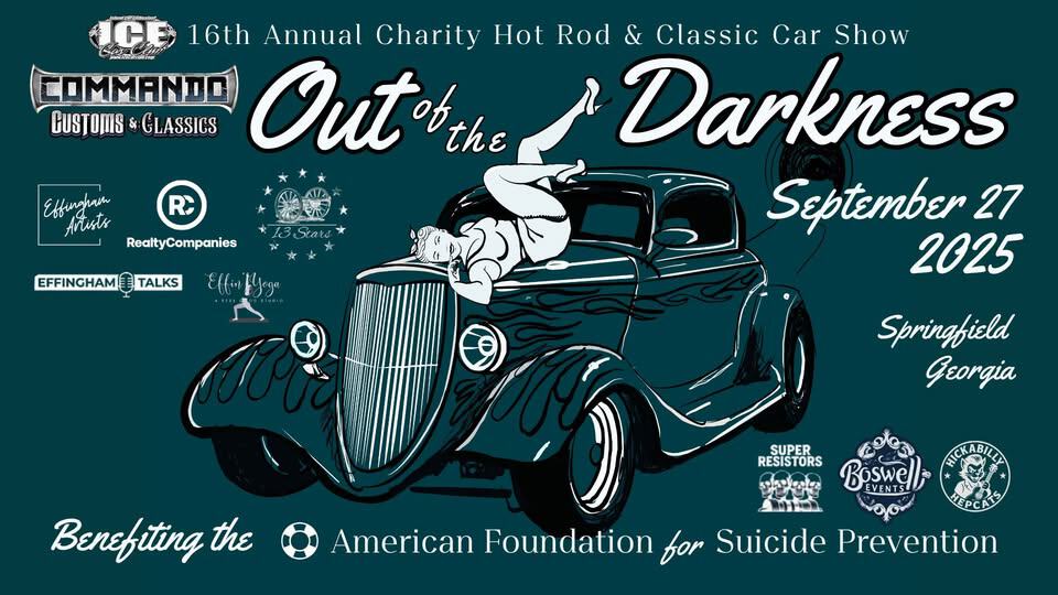 16TH Annual ICE "Out Of The Darkness" Hot Rod & Classic Car Show event at 601 N Laurel St in Springfield, GA on September 27, 2025