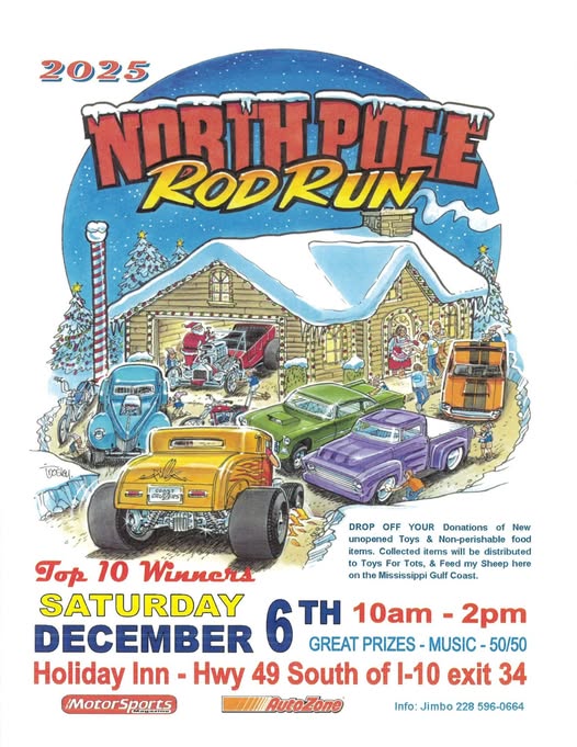 2025 North Pole Rod Run event at Holiday Inn in D'Iberville, MS on December 6, 2025