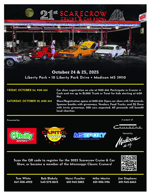 21st Scarecrow Cruise & Car Show event at Liberty Park in Madison, MS on October 24, 2025