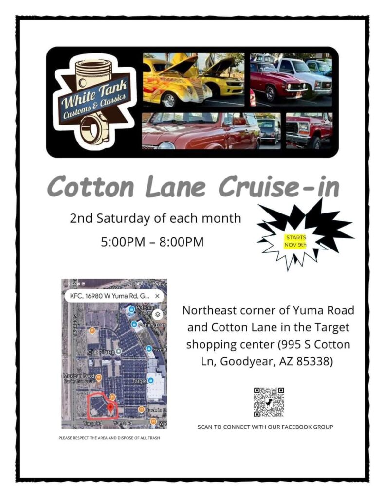 White Tank Customs & Classics Cotton Lane Cruise-In event at Target Shopping Center in Goodyear, AZ on November 9, 2025