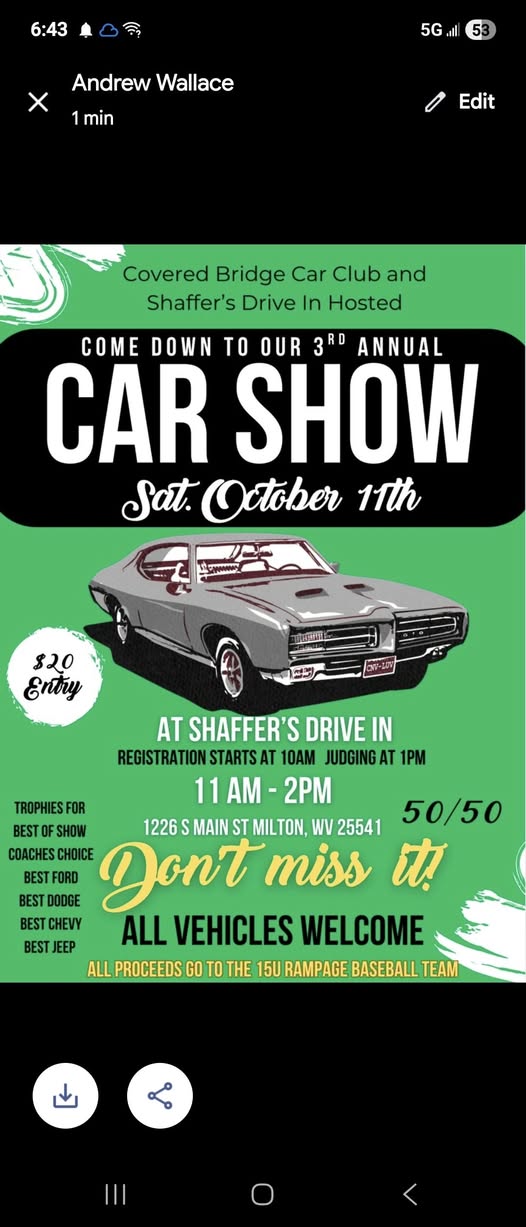 3rd Annual Car Show event at Shaffer's Drive In in Milton, WV on October 11, 2025