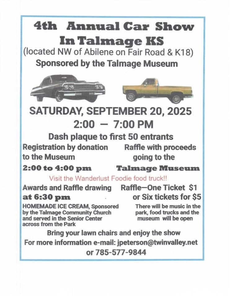 4th Annual Car Show and Reunion event at 2978 Main St in Talmage, KS on September 20, 2025