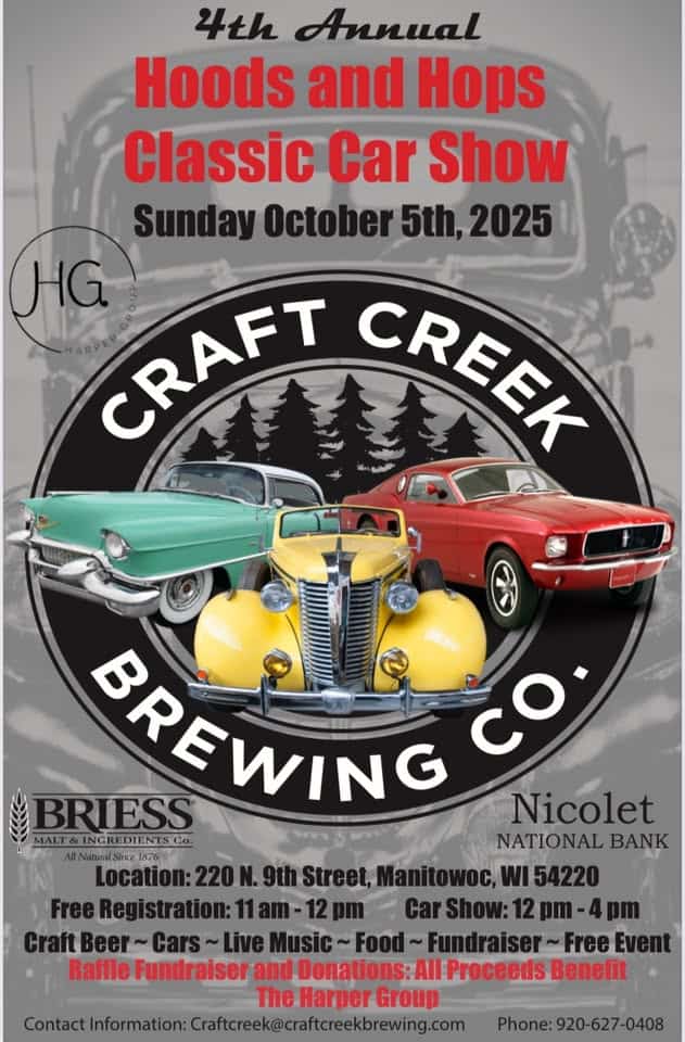 4th Annual Hoods and Hops Classic Car Show event at 220 N 9Th St in Manitowoc, WI on October 5, 2025
