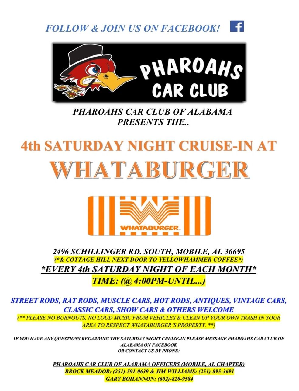 4th Saturday Night Cruise-In event at Whataburger in Mobile, AL on June 22, 2025