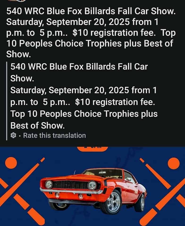 540 WRC Blue Fox Billiards Fall Car Show event at 1160 Millwood Pike in Winchester, VA on September 20, 2025