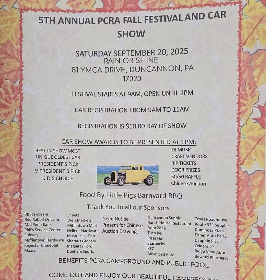 5TH ANNUAL PCRA FALL FESTIVAL AND CAR SHOW event at 51 YMCA Drive in Duncannon, PA on September 20, 2025