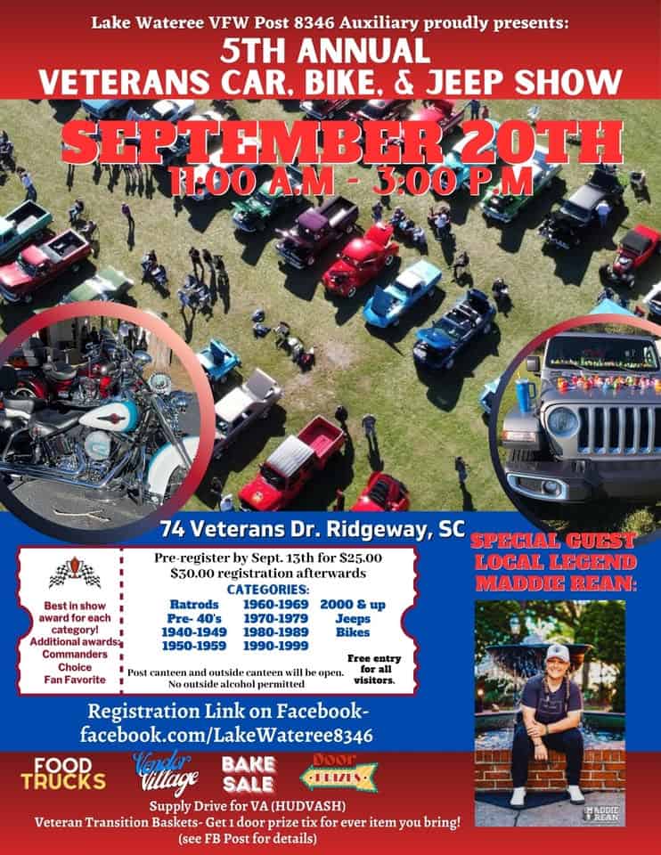 5th Annual Veterans Car, Bike & Jeep Show event at 74 Veterans Dr in Ridgeway, SC on September 20, 2025