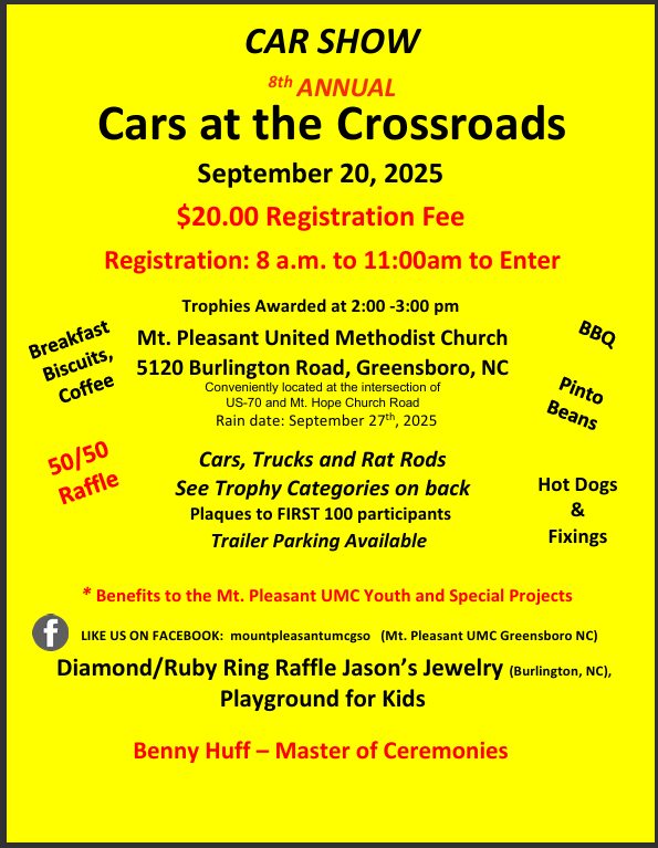 8th Annual Cars at the Crossroads Car Show event at 5120 Burlington Rd in Greensboro, NC on September 20, 2025