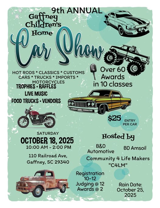 9th Annual Gaffney Children's Car Show event at 110 Railroad Ave in Gaffney, SC on October 18, 2025