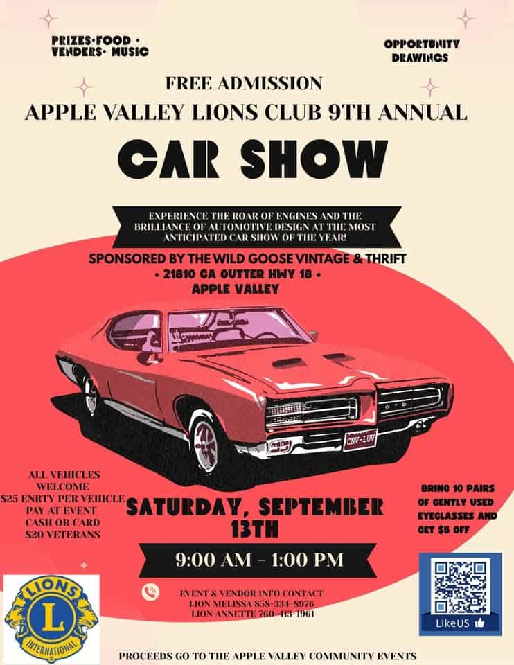 Apple Valley Lions Club annual car show event at 21810 Us Hwy 18 in Apple Valley, CA on September 13, 2025