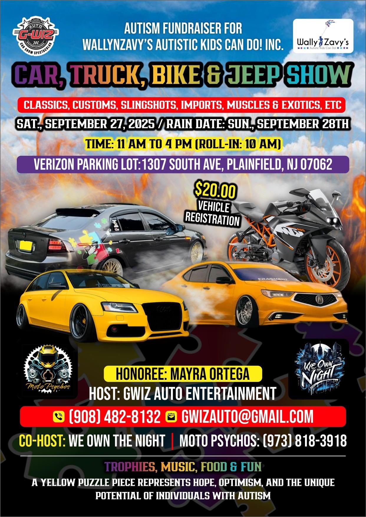 Autism Fundraiser Car, Truck, Bike & Jeep Show event at Verizon Parking Lot in Plainfield, NJ on September 27, 2025
