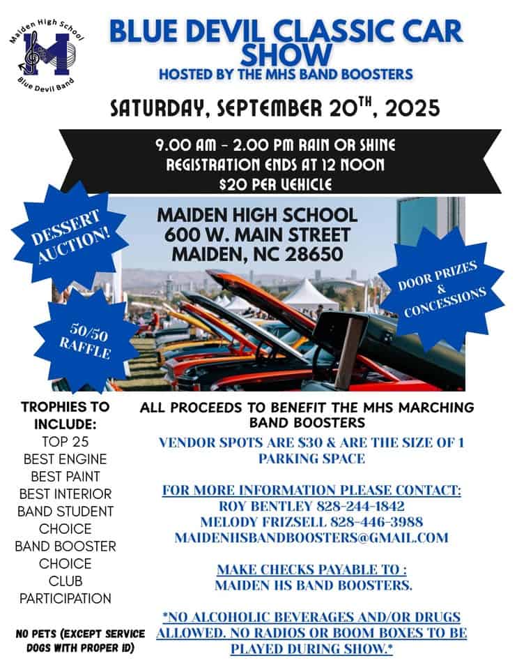 Blue Devil Classic Car Show and Dessert Auction event at 600 W Main St in Maiden, NC on September 20, 2025