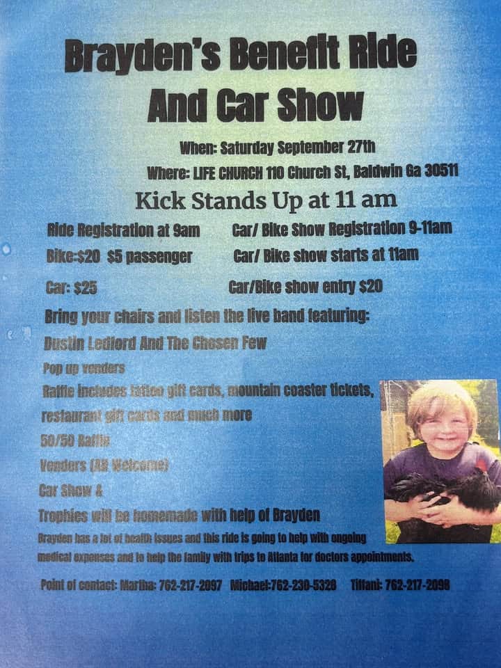 Brayden’s benefit ride and car show event at 110 Church St in Baldwin, GA on September 27, 2025