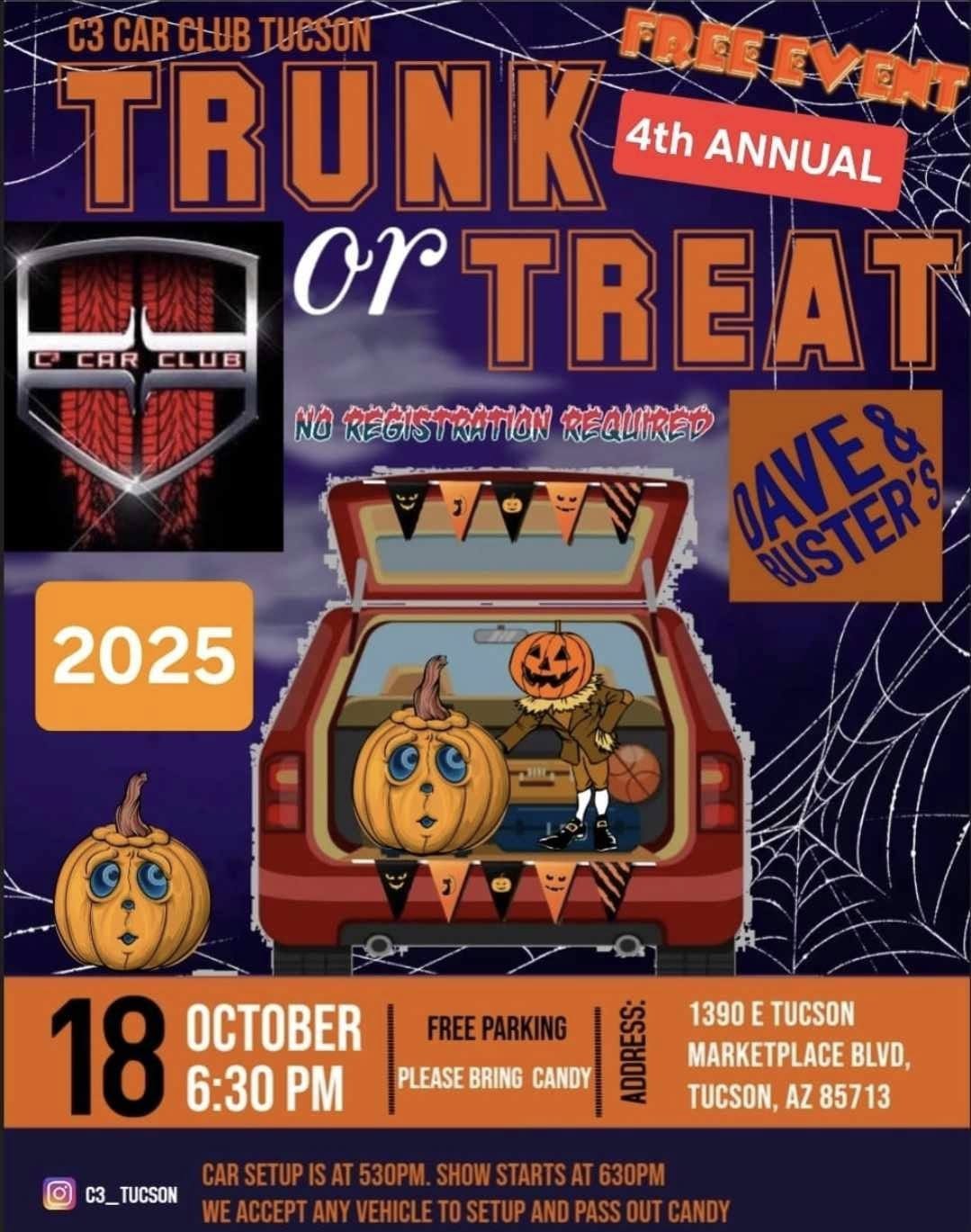C3 Car Club Tucson 4th Annual Trunkal or Treat Car Club event at Dave & Buster's in Tucson, AZ on October 18, 2025