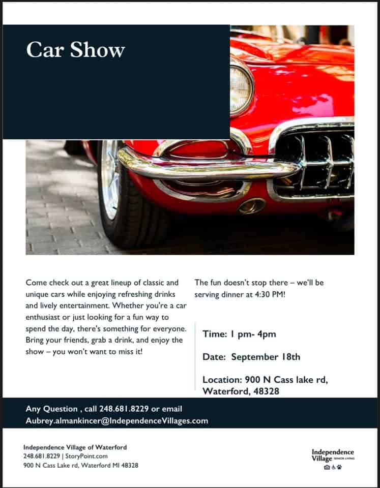 Car show event at 900 N Cass Lake Rd in Waterford, MI on September 18, 2025