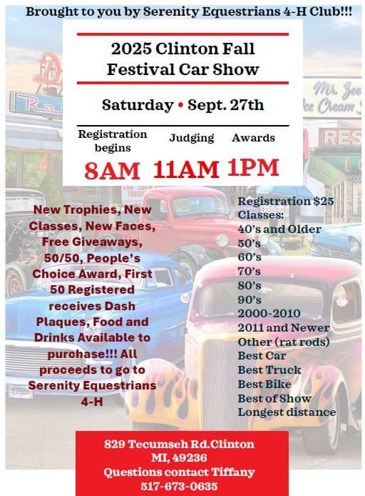 Clinton Fall Festival Car Show event at 829 Tecumseh Rd in Clinton, MI on September 27, 2025