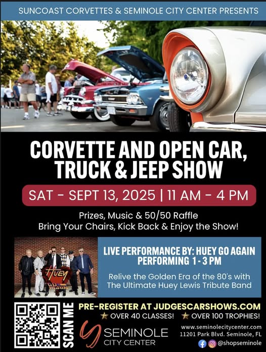 Corvette And Open Car, Truck & Jeep Show event at Seminole City Center in Seminole, FL on September 13, 2025