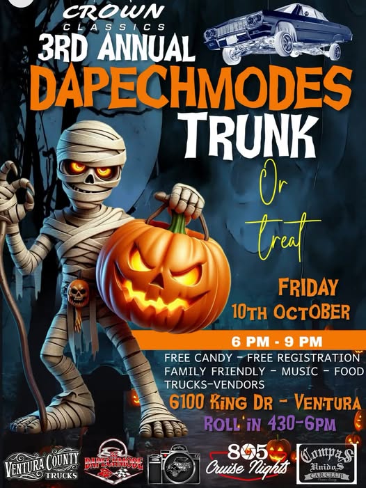 Crown Classics 3rd Annual Dapechmodes Trunk Ventura County Trucks Or Treat event at 805 Compass Cruise Nights Car Club in Ventura, CA on October 10, 2025