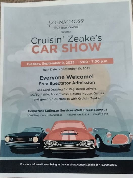 Cruisin' Zeake's Car Show event at Genacross Lutheran Services-Wolf Creek Campus in Holland, OH on September 9, 2025