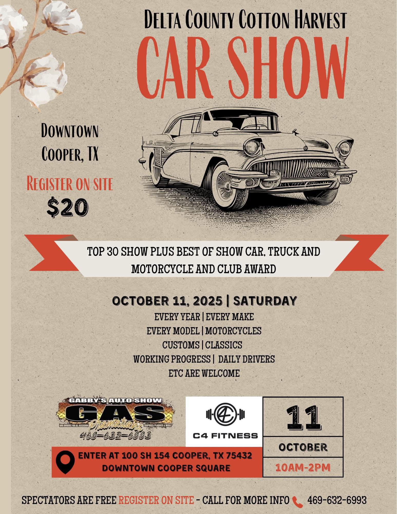 Delta County Cotton Harvest Car Show event at Downtown Cooper Square in Cooper, TX on October 11, 2025