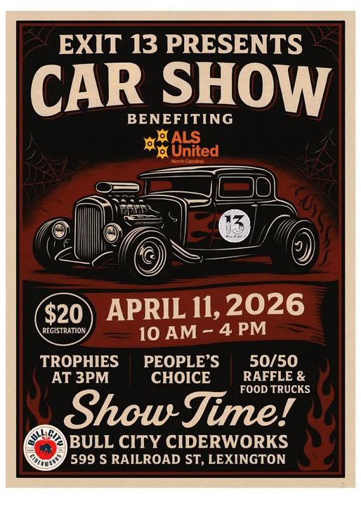 Exit 13 Presents Car Show Benefiting ALS event at All Bull City Ciderworks in Lexington, NC on April 11, 2026