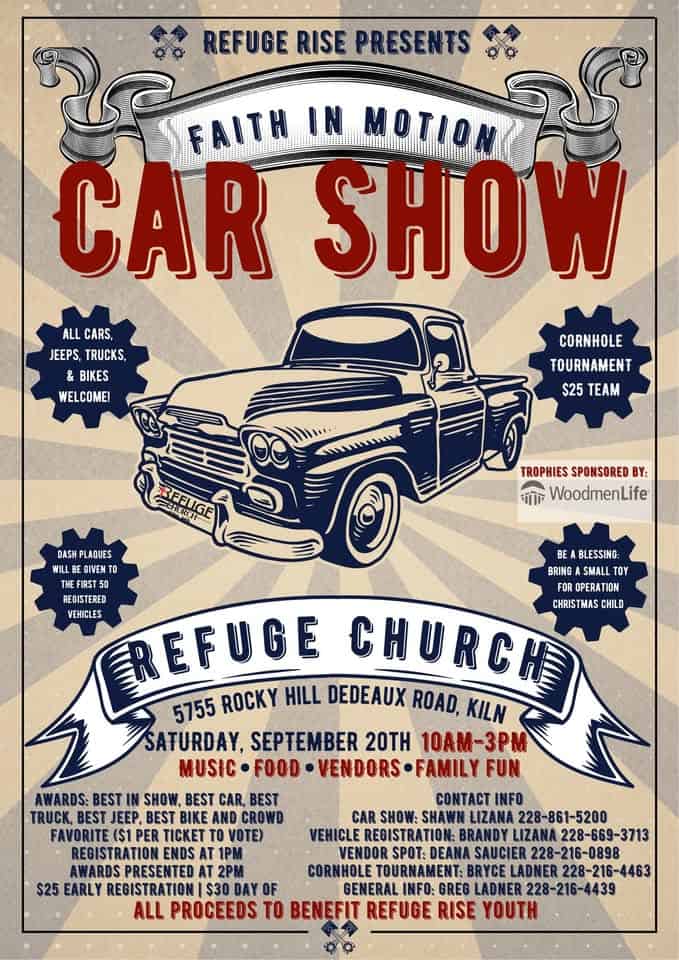 Faith in Motion Car Show event at 5701 Rocky Hill Dedeaux Rd in Kiln, MS on September 20, 2025
