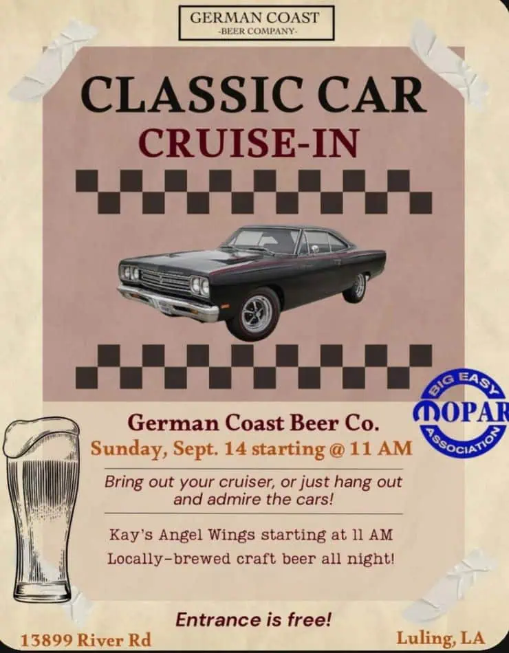 German Coast Beer Company Classic Car Cruise-In event at German Coast Beer Co. in Luling, LA on September 14, 2025