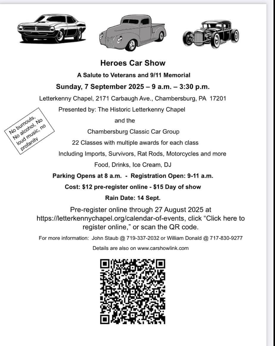 Heroes Car Show event at Letterkenny Chapel in Chambersburg, PA on September 7, 2025