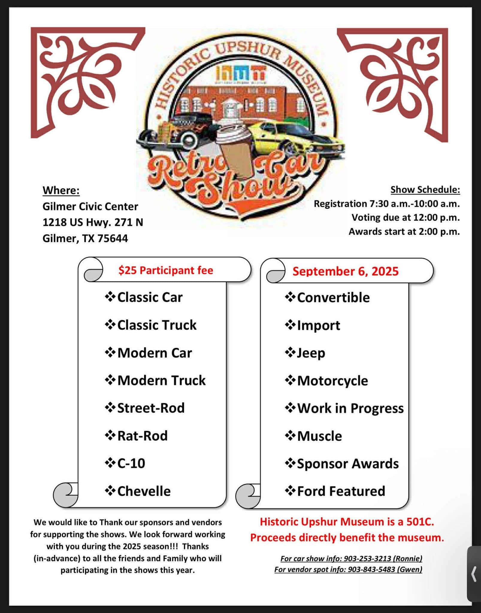 Historic Upshur Museum Car Show 2025 event at Gilmer Civic Center in Gilmer, TX on September 6, 2025