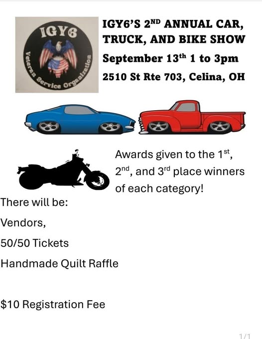 IGY6's 2nd Annual Car, Truck, and Bike Show event at 2510 St Rte 703 in Celina, OH on September 13, 2025