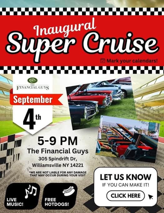 Inaugural Super Cruise event at The Financial Guys in Williamsville, NY on September 4, 2025