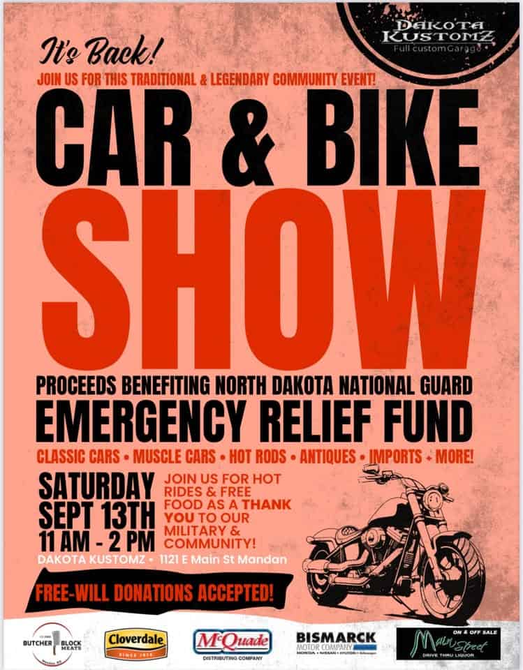 Military Appreciation Day Car & Bike Show event at 1121 Main St E in Mandan, ND on September 13, 2025