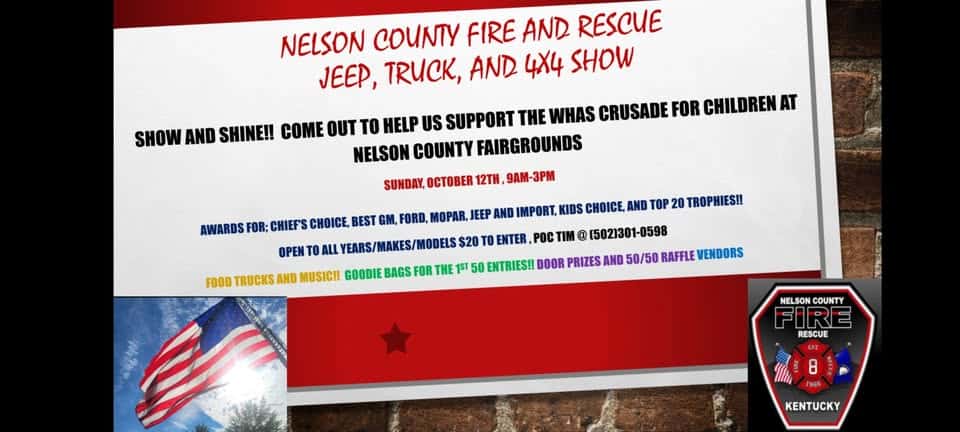 Nelson County Fire and Rescue Jeep Truck and 4x4 show event at 2389 New Haven Rd in Bardstown, KY on October 12, 2025